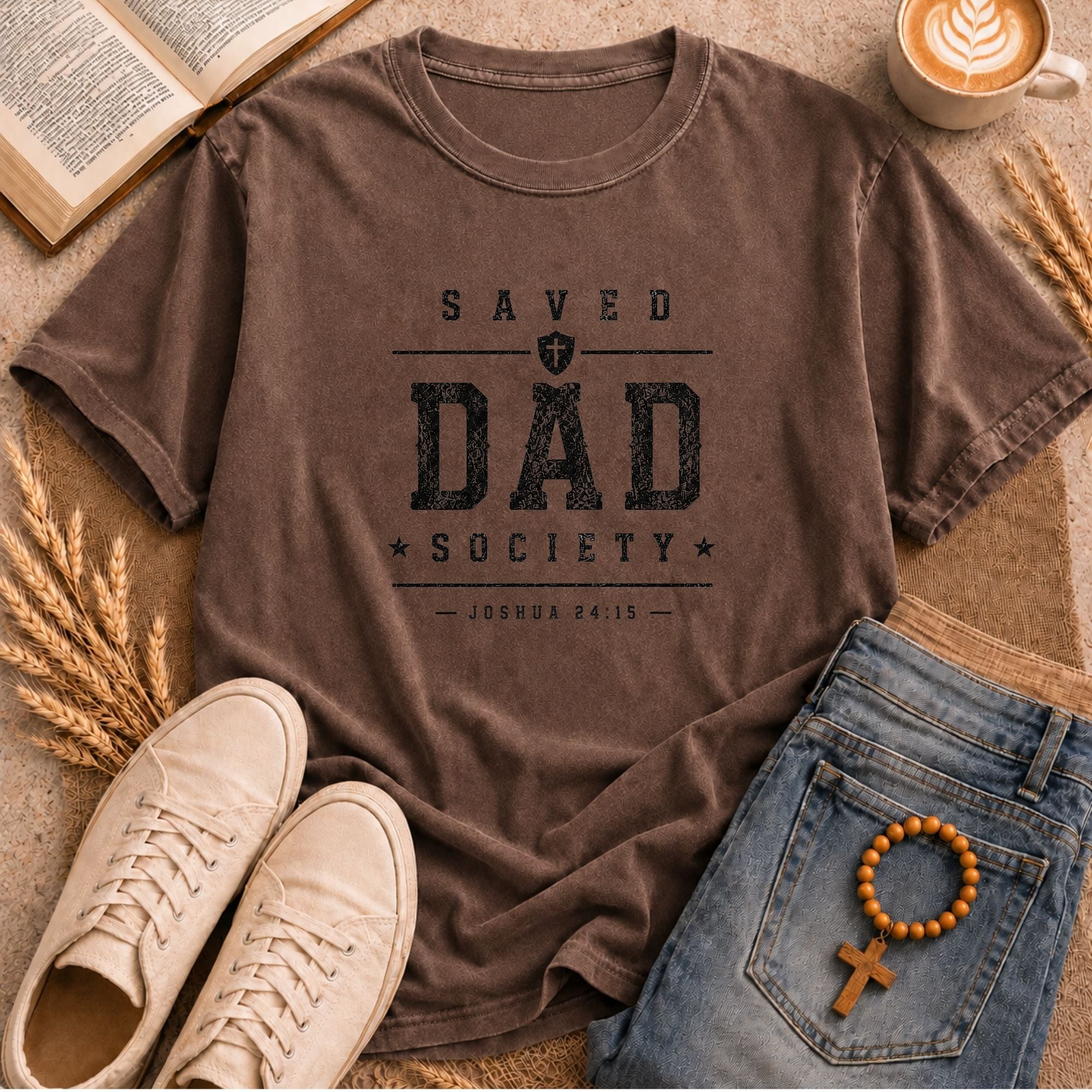 Christian father's day gift tee in military green featuring Saved Dad Society distressed print and Joshua 24:15 scripture